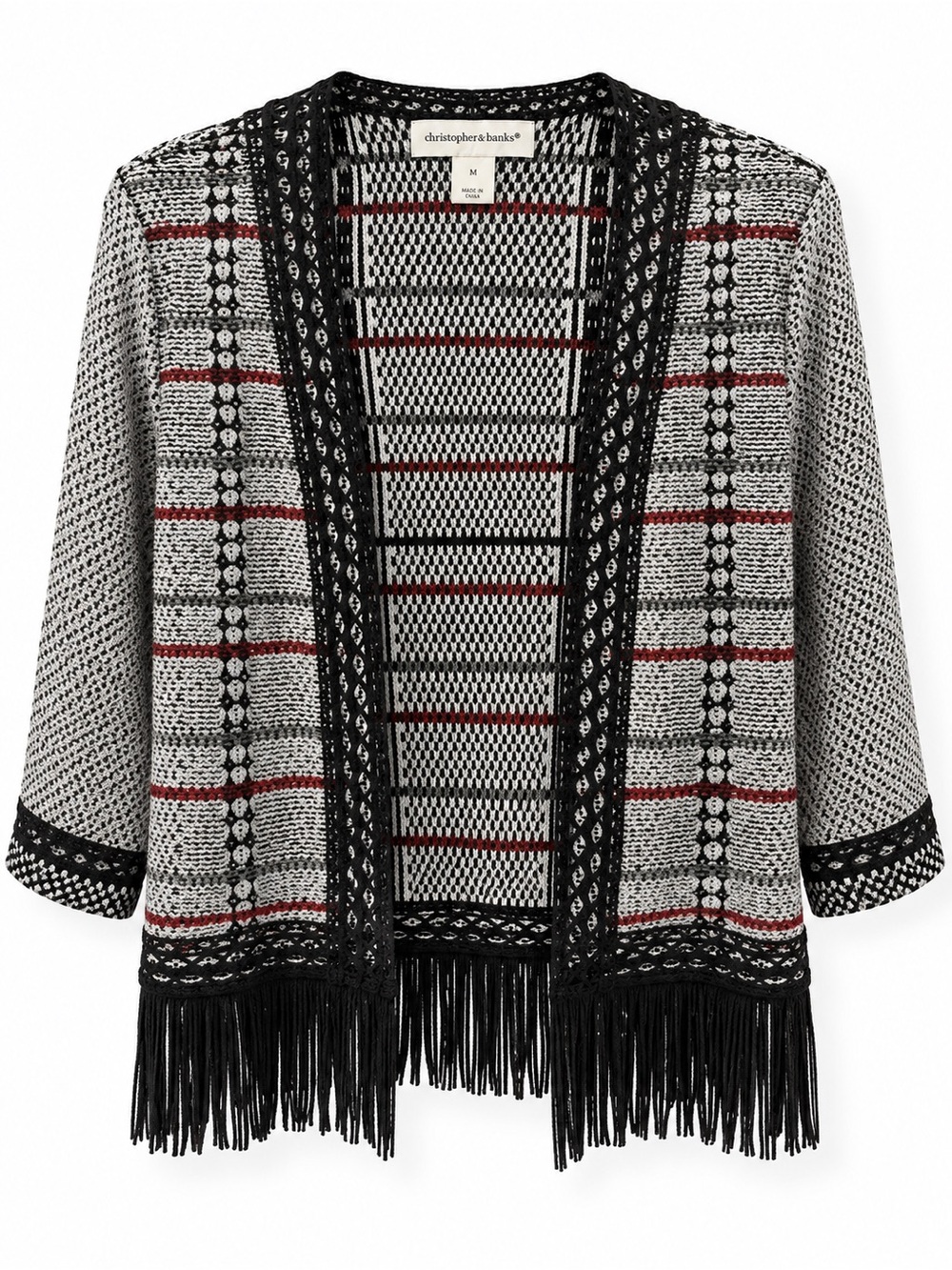 Christopher & Banks Black, Gray & Red Fringe Open-Front Knit Shrug